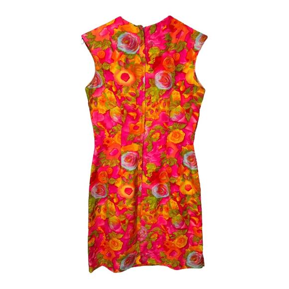 Vintage 60s Handmade Floral Sleeveless Dress 4 Small Hot Pink Ruffle Sheath - Picture 3 of 5